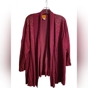 Ruby Rd. Red Knit Cardigan Sweater With Embellishments On The Shoulder